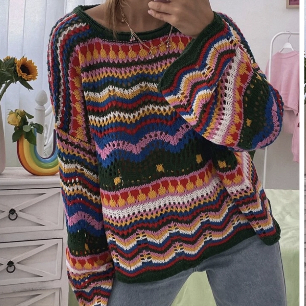 SheIn Chevron Pattern Open Knit Colorblock Sweater - Picture 1 of 7